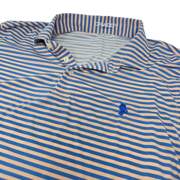 Draddy Sport Performance Polo Shirt Large Men's Short Sleeve Blue Pink Striped - Picture 1 of 4